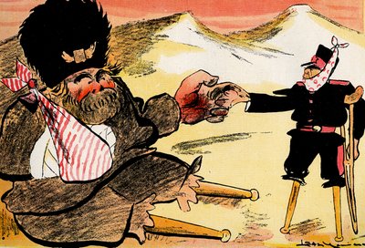 未来同盟「こんな風に始めるべきだった！」 ・ロシアと日本が握手。 1904年（石版） 作： Leal de Camara