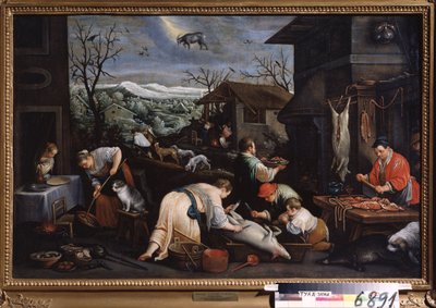 「十二月」（12月） 豚が屠殺される。 空の山羊座の記号。 Leandro Bassano da Ponte (1557-1622) による絵画 1595-1600 State Art Museum Tula Russia 作： Leandro da Ponte Bassano