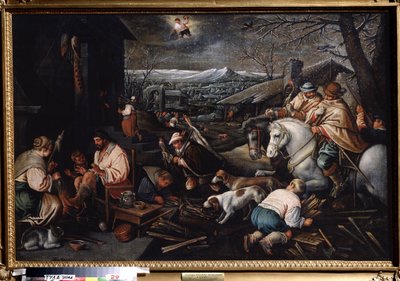「一月」（一月） 毛糸を紡ぐ女性、狩人。 空の水瓶座のシンボル。 Leandro Bassano da Ponte (1557-1622) の絵画 Dim. 146 x 192 cm State Art Museum Tula Russia 作： Leandro da Ponte Bassano