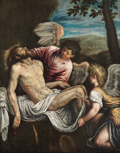 天使と死んだキリスト、c。 1580年（キャンバスに油彩） 作： Leandro da Ponte Bassano
