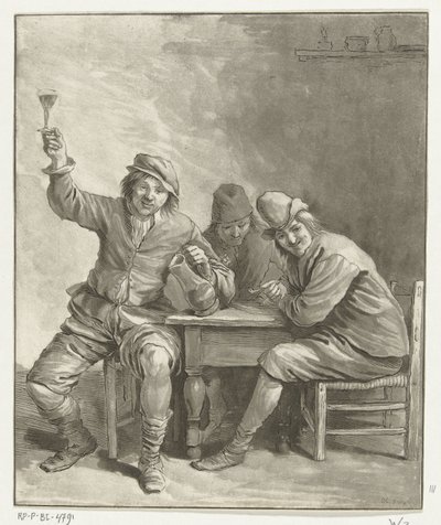 喫煙と飲酒のテーブルで 3 人の男性 作： Leendert Brasser (signed by artist)