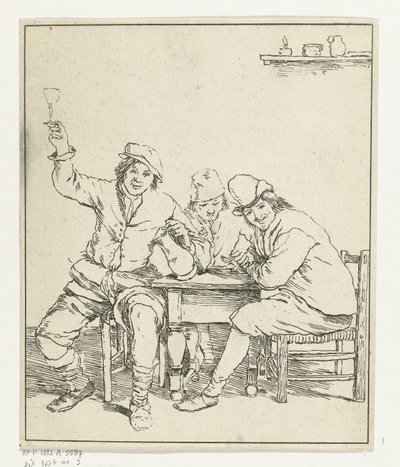 喫煙と飲酒のテーブルで 3 人の男性 作： Leendert Brasser