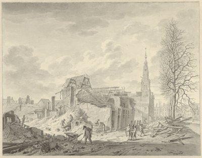 1807 年 1 月 12 日の火薬災害後のライデンのラーペンブルクの眺め 作： Leendert Overbeek