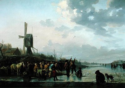 冬の風景、スケーターのいる凍った川（油彩・パネル 作： Leendert de Koningh