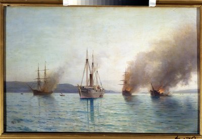 Navire torpilleur russe Grand Duc Constantin detruisant les navires turcs dans le detroit de Bosphore en 1877 (Russian Torpedo Boat Tender Grand Duke Konstantin Destroying The Turkish Ships At Bosphorus On 1877). Bataille navale de la guerre entre la Russi 作： Lef Feliksovich Lagorio