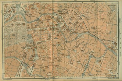 ベルリン中心部の地図、旅行ガイド Baedeker の北東ドイツ、1892 年から 作： Leipzig Wagner and Debes