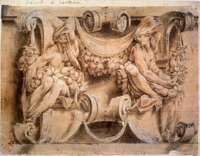 2つのカリアイトのあるフリーズのスケッチ、1546-1554。 作： Lelio Orsi da Novellara