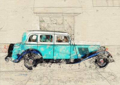 クラシックブルーの車のスケッチ 作： Lembayung senja studio [Vintage Poster]