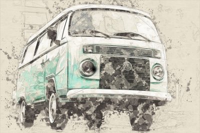 象徴的なレトロなティール色のバン 作： Lembayung senja studio [Vintage Poster]
