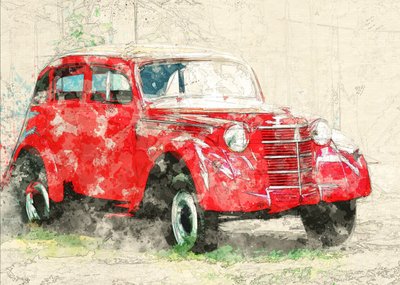 赤い古い車 作： Lembayung senja studio [Vintage Poster]