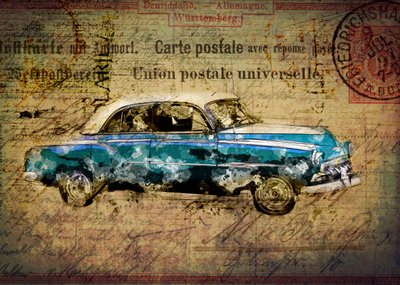 レトロな青い車の絵葉書 作： Lembayung senja studio [Vintage Poster]