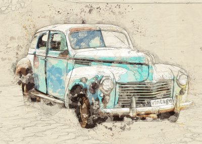 素朴なブルーのヴィンテージカー 作： Lembayung senja studio [Vintage Poster]