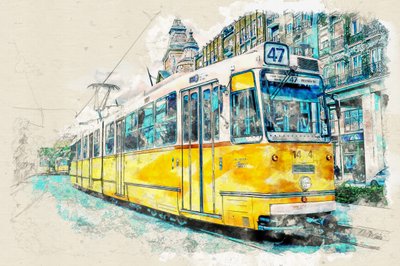 都市の路面電車 水彩画 作： Lembayung senja studio [Vintage Poster]