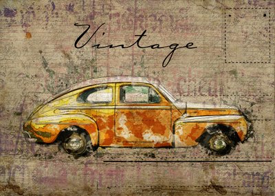 ヴィンテージのオレンジ色の車 作： Lembayung senja studio [Vintage Poster]