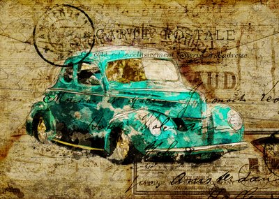 ヴィンテージのティール色の車の絵葉書 作： Lembayung senja studio [Vintage Poster]