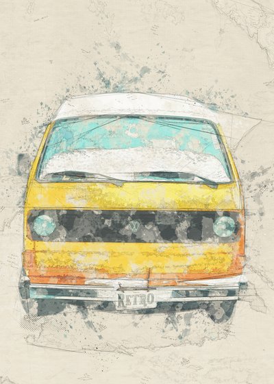 イエローのレトロなキャンピングカー 作： Lembayung senja studio [Vintage Poster]