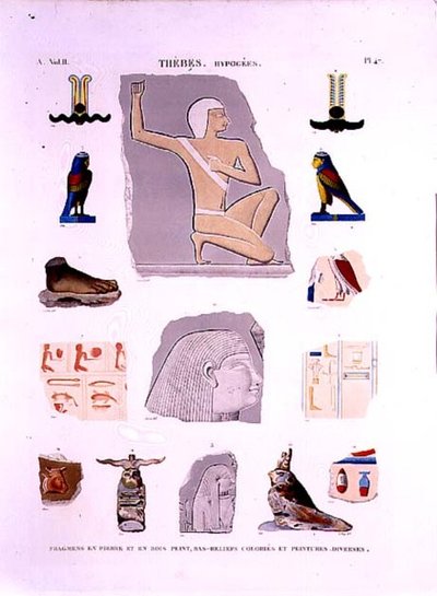 石と木片に描かれたレリーフの図解 ハイポジウム、テーベ ルロイが彫刻した「エジプトの記述」の第2巻からのプレート47。 作： Lenoir (after)