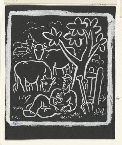 牛と一緒に牧草地の木の下で休んでいる農夫 作： Leo Gestel (signed by artist)