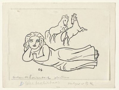 2 頭の馬を持つ横になっている女性 作： Leo Gestel (signed by artist)