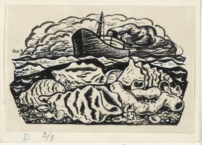 浜辺に貝殻を持つ海上の蒸気船 作： Leo Gestel (signed by artist)