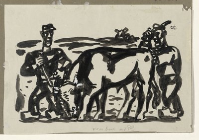 牛を持つ 2 人の農夫 作： Leo Gestel (signed by artist)