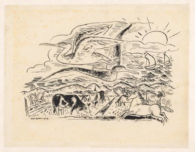 2 羽の鳥が牛のいる風景の上を飛ぶ 作： Leo Gestel (signed by artist)