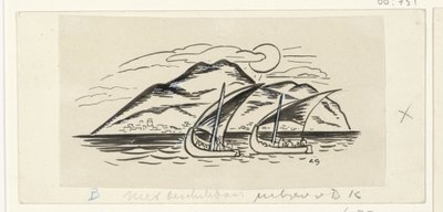 山のある島の前にある 2 つの帆船 作： Leo Gestel (signed by artist)