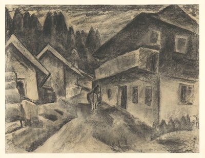 村の道で牛を持つ男と村の景色 作： Leo Gestel