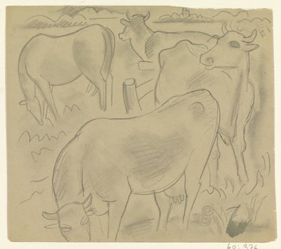 3頭の牛と牧草地の馬 作： Leo Gestel