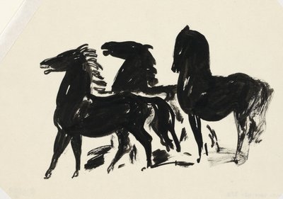 左を向いて立っている 3 頭の黒い馬 作： Leo Gestel