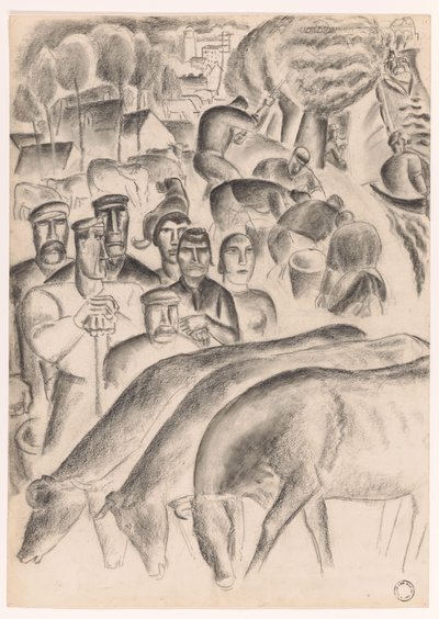 放牧された牛、農家、労働者 作： Leo Gestel