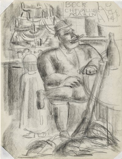 黒いチョークで、カフェのテーブルに座っているハンター タイトルなし 作： Leo Gestel