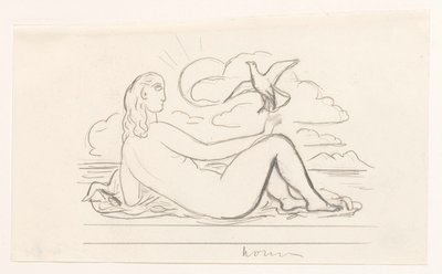 ビーチでリクライニングする女性ヌードとカモメ 作： Leo Gestel