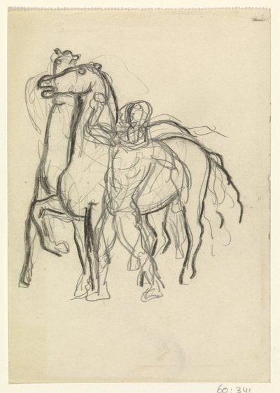 男は 2 頭の馬を手綱で縛る 作： Leo Gestel