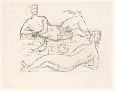 カモメに囲まれた海岸線で裸の男女 作： Leo Gestel