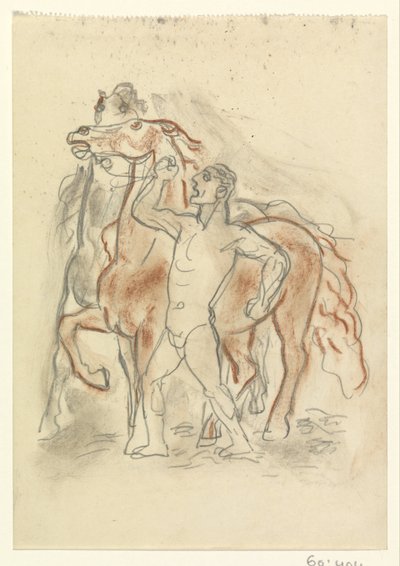裸の男が 2 頭の馬を拘束 作： Leo Gestel