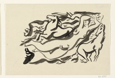 裸の女性と海で 2 頭の馬 作： Leo Gestel