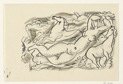 ヌードの女性と海の 2 頭の馬 作： Leo Gestel