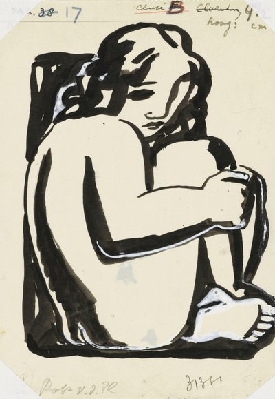膝を上げて座っている裸の女性 (スケッチ) 作： Leo Gestel