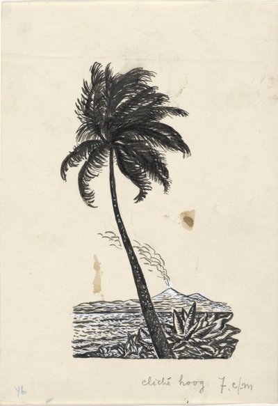バック グラウンドで火山と島とヤシの木 作： Leo Gestel