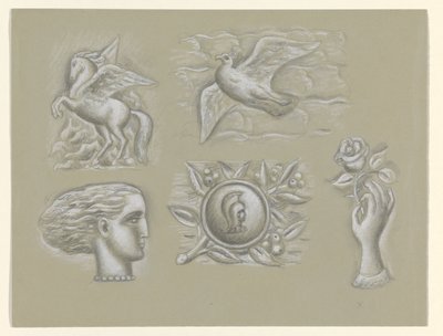 ペガサス、鳩、女性の頭、武器、バラの手 作： Leo Gestel