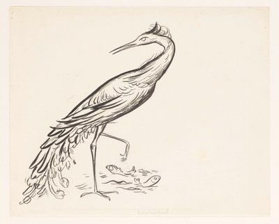 足元に 2 匹の魚がいる水辺のサギ 作： Leo Gestel