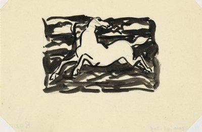 背景に波のあるフレームで頭を後ろに向けた跳ね馬。 無題の馬 作： Leo Gestel