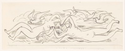 裸で泳いでいる 2 人の女性と 5 匹のカモメ 作： Leo Gestel