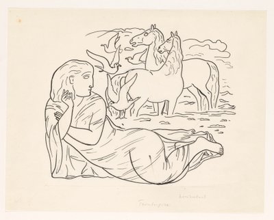2 頭の馬といくつかのカモメと一緒にビーチに横たわっている女性 作： Leo Gestel