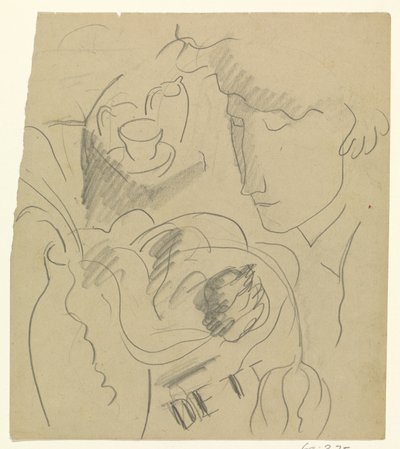 花瓶の花のにおいを嗅ぐ女性 作： Leo Gestel