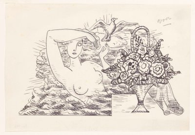 前景の花のバスケットで、鳥を解放する波の中で女性のヌード 作： Leo Gestel