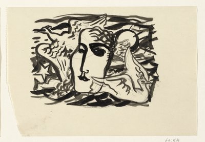 女性の頭と海を背景にしたカモメ 作： Leo Gestel