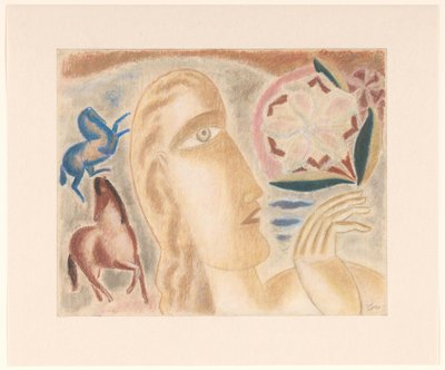 女性の頭と 2 頭の馬 作： Leo Gestel