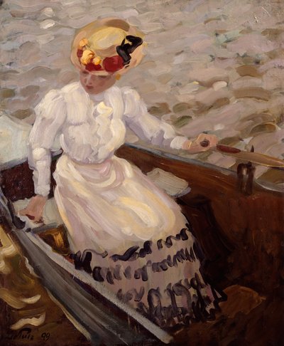 手漕ぎボートのエレガントな女性（キャンバスに油彩） 作： Leo Putz